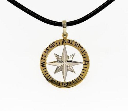 Men's Custom Lat/Lon Waypoints 14k Compass Rose Pendant - Nautical Luxuries