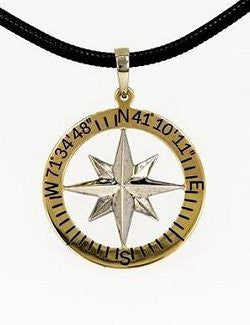Men's Custom Lat/Lon Waypoints 14k Compass Rose Pendant - Nautical Luxuries